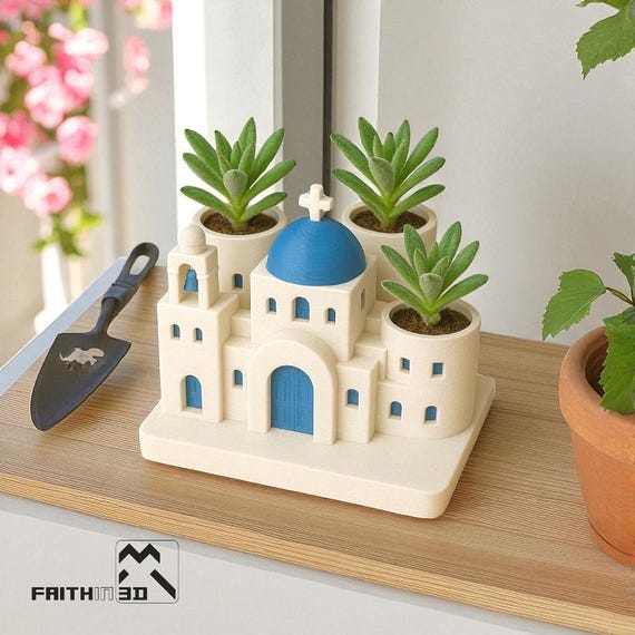 サントリーニ島風多肉植物鉢（室内プランター）：ギリシャ風3Dアート