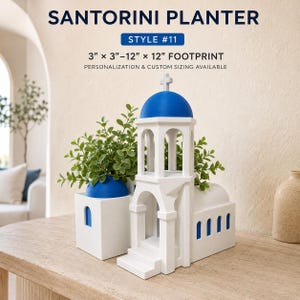 Santorini Planter #11 • Blue-Dome Bell Tower • Greek Church Scene • Footprint Sizes 3″–11″ • Custom Colors/Drainage