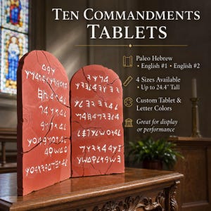 May include: Two red, arched tablets featuring white Paleo-Hebrew text. The image includes the text 'TEN COMMANDMENTS TABLETS', 'Paleo Hebrew', 'English #1', 'English #2', '4 Sizes Available', 'Up to 24.4" Tall', 'Custom Tablet & Letter Colors'.