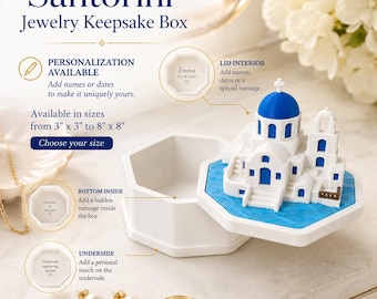Santorini Jewelry Keepsake Box, Personalized Greek Island Ring Box, Custom Name Date Jewelry Box, Octagon Travel Memory Box, Gift for Her