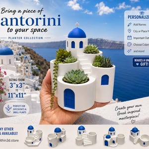 May include: A white and blue planter shaped like a Santorini building with multiple cylindrical sections for succulents. The text reads Bring a piece of Santorini to your space, Sizing from 3"x3" to 11"x11", Personalize it, and Add Names, City or Place Names, Important Dates, Choose Colors.