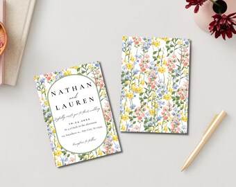 Blumenhochzeitseinladungsvorlage: Grüner Umriss, bearbeitbare Leinwand (Digitaler Download)