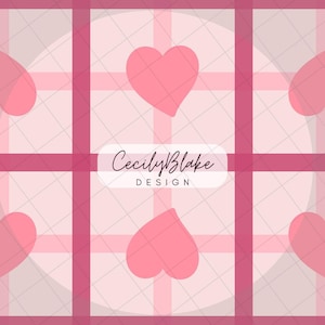 Pink Hearts Plaid Valentine’s Day Digital Download - Hand-Drawn 10”x10” PNG, 300 DPI Seamless Pattern for DIY Crafts & Small Business Use