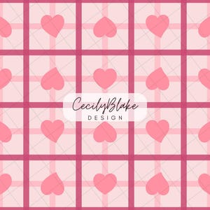 Pink Hearts Plaid Valentine’s Day Digital Download - Hand-Drawn 10”x10” PNG, 300 DPI Seamless Pattern for DIY Crafts & Small Business Use