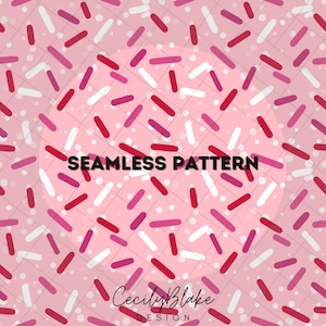 以下が含まれることがあります： ピンク色の背景に、赤、白、ピンクのスプリンクルと小さな白い点が散りばめられたシームレスなパターンデザイン。「SEAMLESS PATTERN」の文字は黒色。Cecily Blake Designによるデザイン。