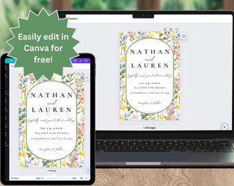 Blumenhochzeitseinladungsvorlage: Grüne Kontur, bearbeitbares Canva-Design (Digitaler Download)