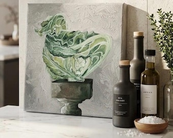 Original kåloljemålning 8x8", texturerat stilleben på duk, väggkonst för litet kök, modern antik matkonst, unik konstnärsgåva