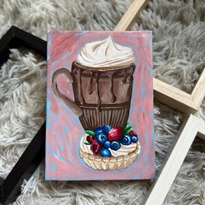 Mini Framed Coffee Dessert Painting – Chocolate Mug & Berries Art – Kitchen Wall Decor – Gift for Coffee Lovers – Choose Frame Color