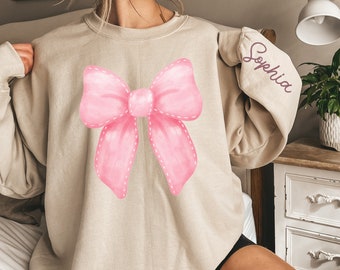 Custom Name Sweatshirt On Sleeve, Valentines Day Gift Sweaters, Pink Bow Personalized Sweater, Bachelorette Sweat,Gifts For Girlfriend Women