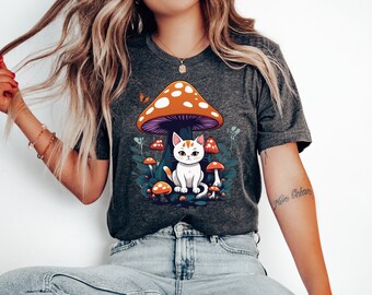 Cat and Mushroom Sweatshirt, Cat Lover Gift T Shirt, Nature Lover Tshirt, Groovy Mushroom Tee, Cat Owner Sweater, Cottagecore Tee, Tote Bag