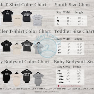 Op de afbeelding: Kleurenkaart voor jeugd-, peuter- en babymaten van T-shirts en rompers. De kaart toont de beschikbare kleuren: wit, zwart, naturel, donkergrijs melange en atletisch melange. Het bevat ook maattabellen met breedte- en lengtemaat in inches.