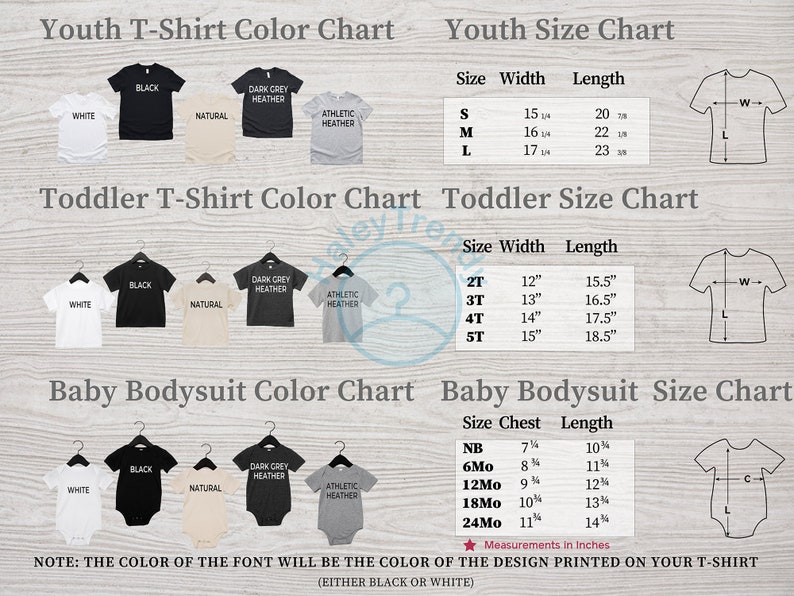 Op de afbeelding: Kleurenkaart voor jeugd-, peuter- en babymaten van T-shirts en rompers. De kaart toont de beschikbare kleuren: wit, zwart, naturel, donkergrijs melange en atletisch melange. Het bevat ook maattabellen met breedte- en lengtemaat in inches.