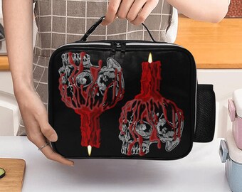 Goth Faux Leather Lunch Bag: Candle Skull Insulated Water-resistant Lining, Men's Work Food Bag