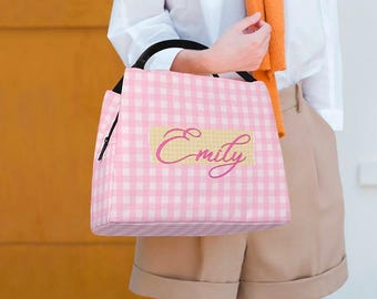 Personalized Women's Lunch Bag: Pink Gingham Insulated Lining, Reusable Office Canvas Cooler Bag