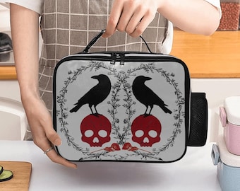 Skull Crow Leather Lunch Bag: Faux Leather, Insulated Foil Lining, Goth Work Food Bag