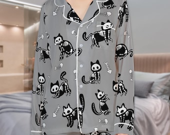 Skeleton Cats Satin Pajama Set: Kitten Halloween Unisex Sleepwear, Clothing Gift for Cat Lovers