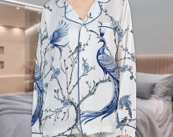 Bird Chinoiserie Satin Pajama Set: Blue White Phoenix Sleepwear, Adults and Kids Matching PJs