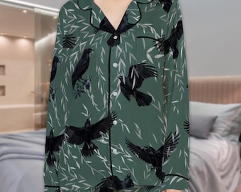 Raven Leaf Satin Pajama Set: Gothic Birds Unisex Sleepwear, S-5XL Adult Loungewear, Goth Gift for Him/Her