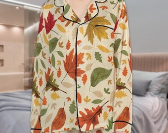 Orange Leaf Satin Pajama Set: Fall Plants Sleepwear, Adult & Kids Matching Nightwear, Long Pajamas