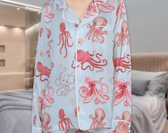 Octopus Satin Pajama Set: Summer Coastal Sleepwear, Fishermancore Nightwear, Adults and Kids Matching PJs
