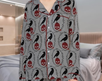 Red Skull Crow Satin Pajama Set: Gothic Matching Unisex Sleepwear, Halloween Gift for Him or Her