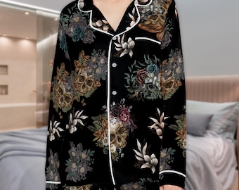 Flower Skull Satin Pajama Set: Gothic Floral Unisex Sleepwear, Size S-5XL
