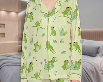 Happy Frog Motif Satin Pajama Set: Frog and Lilypad Matching Sleepwear S-5XL, Kids 4Y-14Y