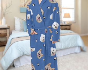 Personalized Dog Face Men's Flannel Robes: Custom Pet Long Housecoat Morning Gown