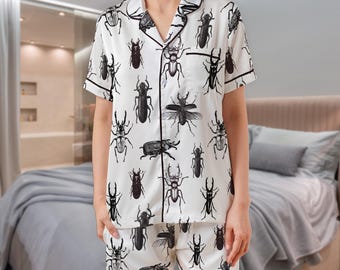 Beetle Bug Satin Pajama Set: Insect Motif Sleepwear for Women and Kids
