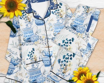 Pyjamaset i porslin med chinoiseriemönster | Toile de Jouy-tryck, myskläder i kinesisk porslinskonst, matchande nattkläder för par, söta pyjamasar med BSF-motiv