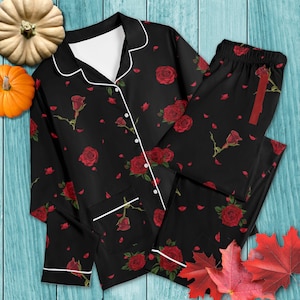 Black Rose Pajama Sets | Gothic Flower Pyjamas, Emo Girls Nightwear, Cotton Teens Loungewear, Dark Jammies Set, Victorian Goth Pajama Gifts