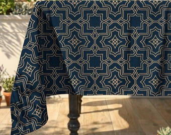 Geometric Pattern Rectangle Tablecloth: Olive Green Faux Linen Table Cover, Traditional Motif Dining Room Decor