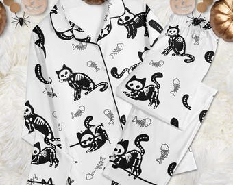 Skeleton Cat Pajama Sets: Cat Ghost Long Pants Set, Poly-cotton Blend Unisex, Whimsigoth PJs