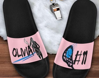 Personalized Girls Lacrosse Slides | Custom Lacrosse Slippers, Walk to Practice Sliders, Girls' Sport Party Favors, Sport Gift for Daughters