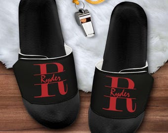 Personalized Red Monogram Slides: Unisex Sandals with Adjustable Strap, College Kids Shower Footwear