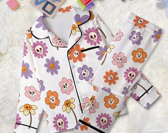 Flower Ghost Satin Pajama Set: Long Pants Kids PJ Set, Youth Teens Halloween Loungewear