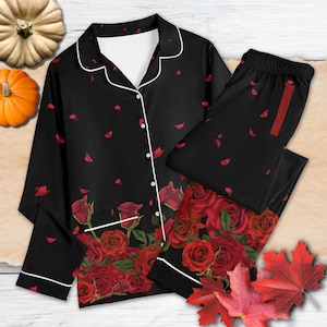 Roses Print Pajama Sets | Gothic Flower Pyjamas, Red Roses on the Floor, Dark Floral Jammies Set, Victorian Goth Pajama, Emo Girls Nightwear