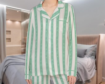 Conjunto de pijama de satén con rayas festoneadas: ropa de dormir estilo abuela para adultos y niños.