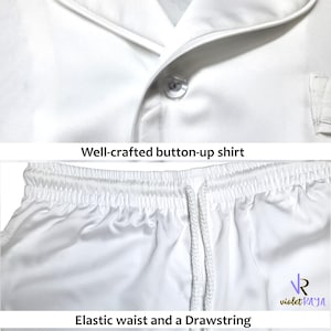 Puede incluir: Camisa blanca abotonada con cuello y cierre de un solo bot&oacute;n. La imagen tambi&eacute;n muestra pantalones cortos blancos con cintura el&aacute;stica y cord&oacute;n. El texto dice "Well-crafted button-up shirt" y "Elastic waist and a Drawstring".