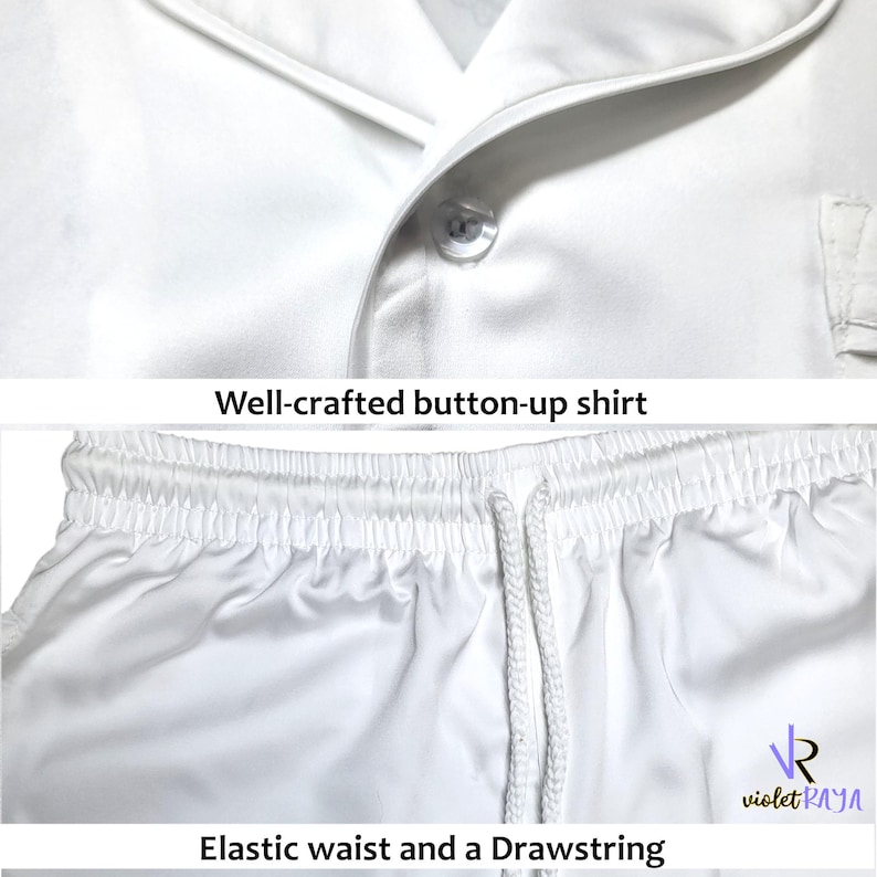Puede incluir: Camisa blanca abotonada con cuello y cierre de un solo bot&oacute;n. La imagen tambi&eacute;n muestra pantalones cortos blancos con cintura el&aacute;stica y cord&oacute;n. El texto dice "Well-crafted button-up shirt" y "Elastic waist and a Drawstring".