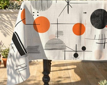 Mid-Century Rectangle Tablecloth: Abstract Circle Table Throw, Modern Art Hosting Table Cover, Washable Tablelinen