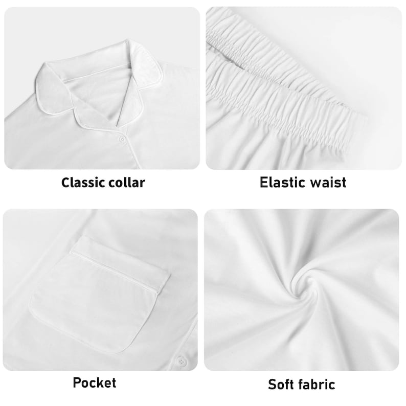 May include: A white pajama set featuring a classic collar, an elastic waist, a chest pocket, and soft fabric. The image includes four distinct panels labeled Classic collar, Elastic waist, Pocket, and Soft fabric, highlighting these specific features.