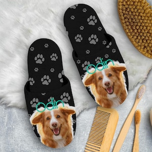 Personalized Cat Dog Home Slippers | Custom Pet Face Slip on Bedroom Shoes, Indoor Women Slippers, Cotton Plush Slippers, Pet Lovers Gifts