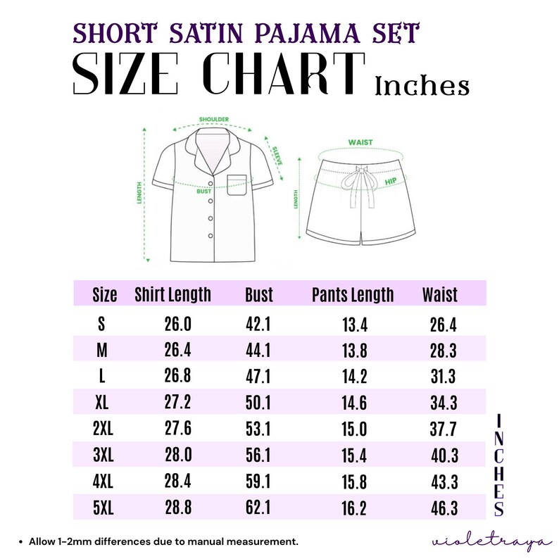 Puede incluir: Tabla de tallas para un conjunto de pijama corto de sat&eacute;n. La tabla incluye medidas en pulgadas para la longitud de la camisa, el busto, la longitud del pantal&oacute;n y la cintura, desde la talla S hasta la 5XL. Incluye ilustraciones de la parte superior y los pantalones cortos.