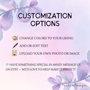Puede incluir: Gr&aacute;fico digital con el texto "CUSTOMIZATION OPTIONS" en negro. La imagen enumera opciones: cambiar colores, agregar o editar texto y subir una foto. La imagen tiene un fondo de acuarela con hojas moradas.