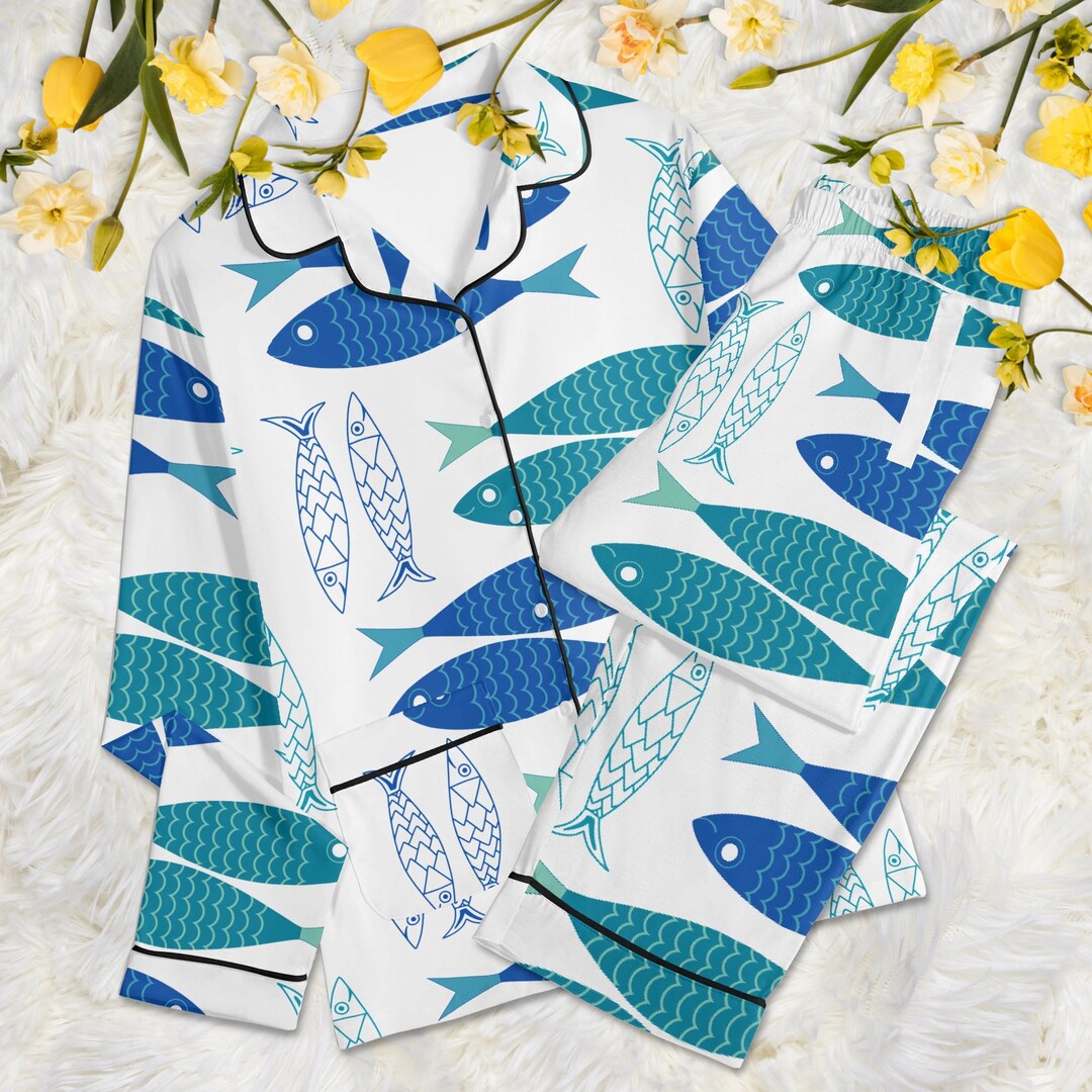 Greek Pyjamas Sardine Fish Pajama Set: Greek Fishes Motif Sleepwear, Sea Nautical ...