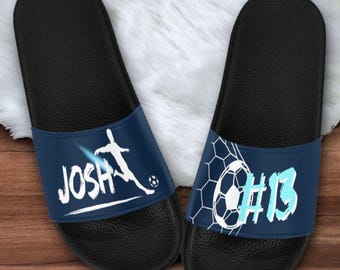 Personalized Soccer Slides Sandals | Custom Sport Teams Gift, Birthday Present for Child, Men Football Slippers, Boys Team Party Favors