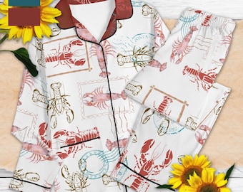 Sea Lobster Adult Pajama Set | Ocean Nautical Pajama, Mediterranean Coast Loungewear, Fisherman Pyjamas, Resort-core Pjs