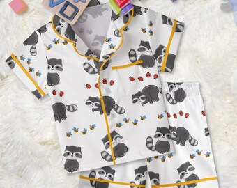 Funny Raccoon Satin Pajama Set: Ladybugs Bees Kids' Short Sleepwear, Youth Watercolor Animal Homewear, Gift for Children