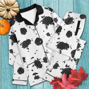 Black Roses Unisex Pajama Set | Edgy Floral Nightwear, Goth Flower Pyjamas, Monochrome Loungewear, Dark Emo Jammies, White Roses Print PJs